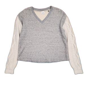 Cabi Fusion Sweatshirt Sweater V-Neck Cable Knit Sleeves Gray Off White M